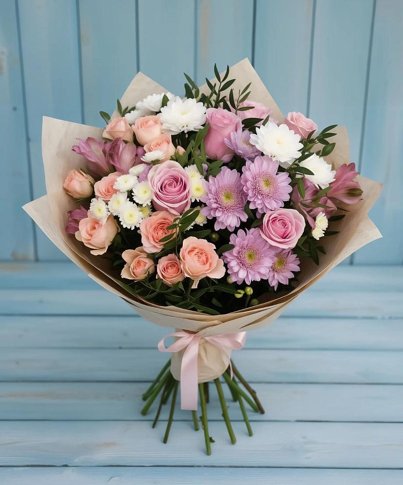 Букет цветов из: Хризантемы, Розы и Альстромерии в Молзино