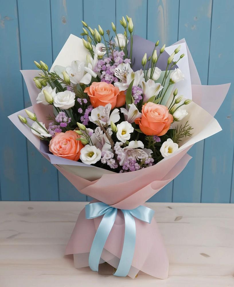 Букет цветов из: Лизиантусы, Розы, Альстромерии и Гипсофила в Молзино