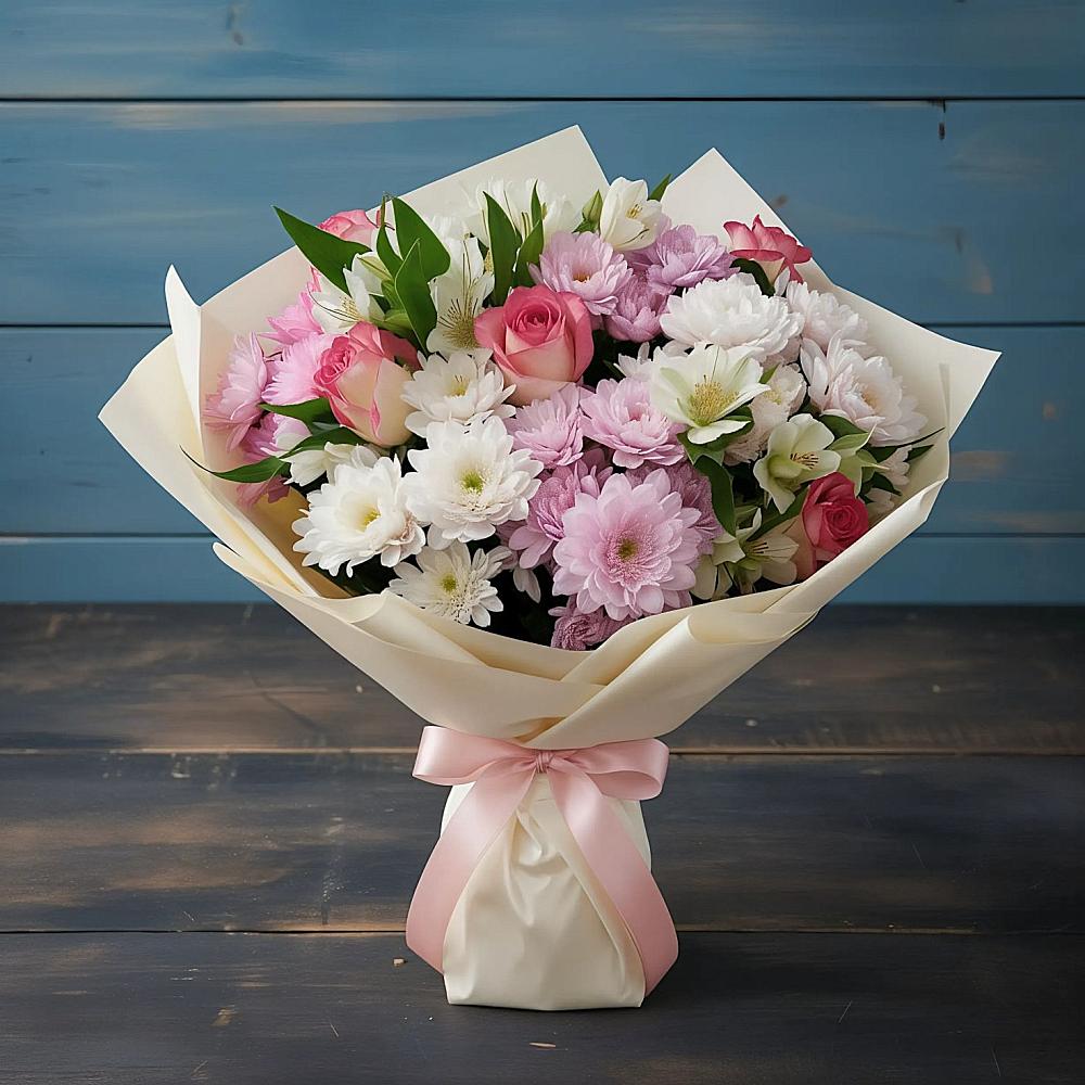 Букет цветов из: Хризантемы, Альстромерии и Розы в Молзино